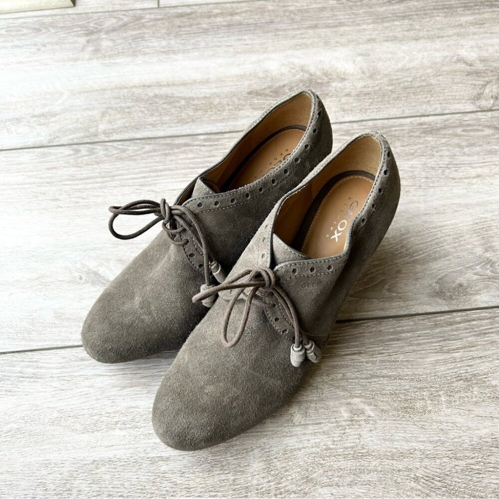 Geox Taupe Suede Leather Fringe Lace Up Western Heeled Bootie